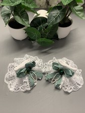 Romany Frilly School Socks Size 12-3 With White Lace And Green Checked Bows