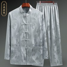 Chinese Oriental Mens Kung Fu Grey Satin Dragon Top Long Shirt Matched Trousers