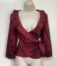 Burgundy taffeta frill wrap blouse shirt L 12 steampunk victorian Christmas goth