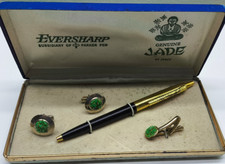 Vintage Eversharp Parker ballpoint pen & jade cufflinks tie clip set boxed