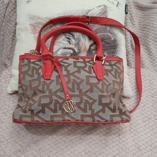 DKNY Handbag Medium Red Brown LEATHER and Fabric Bag Monogrammed logo bag charm