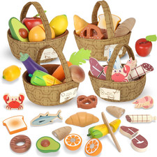 Wooden Play Food Set – 4 Baskets Pretend Kitchen Toy for Kids 3+