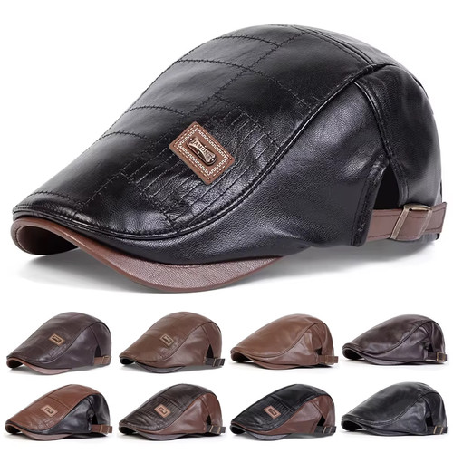 Vintage men beret hat leather - hat,
