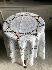 Vintage Embroidered Round Lace Tablecloth  50 Inch Diameter