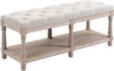 Rustic Bench Linen Padded Stool Tufted Cushion Pad Carved Legs Bottom Shelf Unit