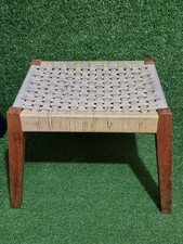 Vintage 20th Century Danish Style Woven String Stool Wooden Footstool Splay Legs