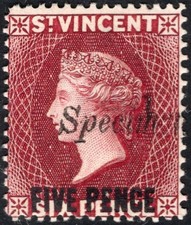 ST VINCENT: 1893-4 5d on 6d Carmine-Lake Spec Ovpt (Ex.Marcus Samuel) Sg 60s LMM
