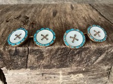 Vintage Art Deco Guilloche Enamel Cufflinks Blue White sewn Button Look