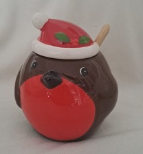 LOVELY CHINA CHRISTMAS ROBIN SUGAR BOWL  WITH SPOON APPROX 9CM HIGH, EXCELLENT 