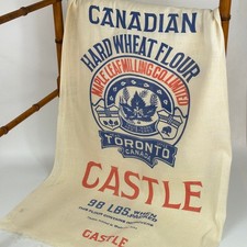 Vintage Unbleached Natural Flour Sack Fabric Printed Castle, Canada, Upholstery