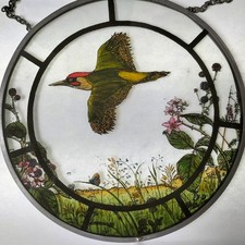 Vintage Stained Lead Glass Suncatcher Panel,Hand Painted Roundel,Woodpecker,Old