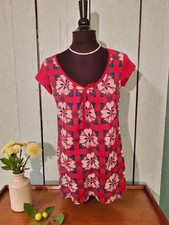 Red White Retro Florals Tie Neck Cotton Dress Size 10