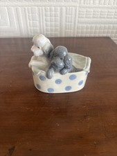 NAO by Lladro - Two Puppies/Dogs in a Basket - Poodles, Handmade in Spain, 1988