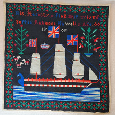 WWI 1909 HMS Triumph British War Battle Ship Wool Work Tapestry, Needlework