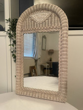 1970s White Wicker Mirror Large Arched Retro Rattan Beach Boho Cottage
