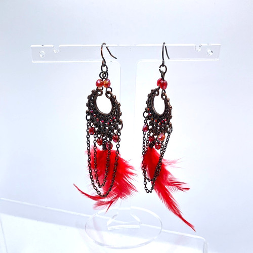 Boho feather earrings - , brass