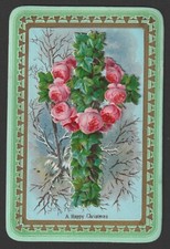 Victorian Christmas Greeting Card 3D Effect Embossed Cross Roses Wreath