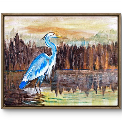 Blue heron bird modern signed - blue,