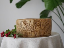 Vintage Rustic Studio Pottery Bulb Planter, Textured Ochre Ceramic Bowl