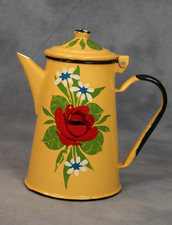 Vintage Huta Silesia Poland Yellow Tole Ware Painted Flowers Enamel Coffee Pot