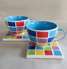 Whittard Of Chelsea Multi Coloured Square Mosaic Tea Cups And Coasters