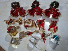 Christmas Tree Decorations Shaped Music Instruments and Bells. Gold/Red.