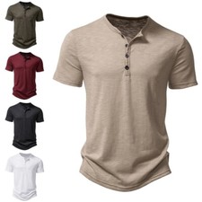 Mens Summer Solid Button V Neck T Shirts Henley Casual Short Sleeve Slim Tops