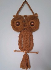 Vintage Retro 1970’s macrame owl wall art hanging Boho wood 26"
