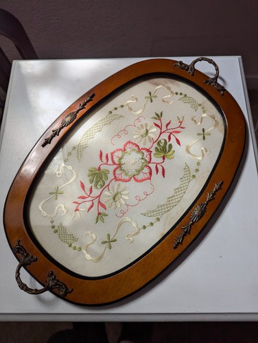 Vintage embroidered tea tray - embroidered,