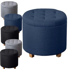 Ottoman Storage Box Round Linen with Lids Pouffe Seat Stool Toy Storage Bench UK