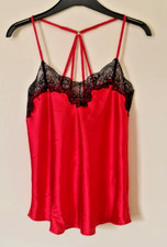 Ladies Red Black Cami Top Faux Silk Satin Lace Trim Short Sexy Uk 8 new