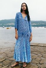 ZARA Kaftan Dress Long Floral Printed M L  Oversized Blue White Dotted Midi