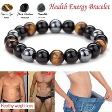 Obsidian Tiger Eye Hematite Bracelet Triple Protection Bangle 6MM-8MM Women Men