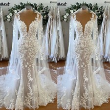 Bohemian Wedding Dresses With Cape Lace Appliques V Neck Mermaid Bridal Gowns