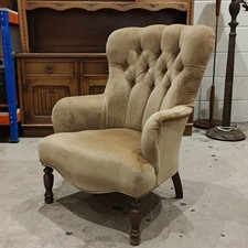 Edwardian Victorian Buttoned Back Arm Chair Low Bedroom Library Velvet  Beige