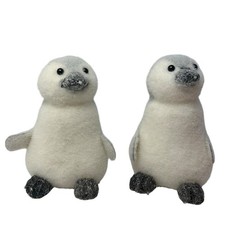 Penguin Figurine x2 Furry Textured Birds Christmas Winter Display Ornaments Xmas