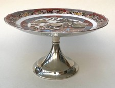 Antique Royal Staffordshire Gaudy Willow Cake Stand Tazza On Silver Plated Base