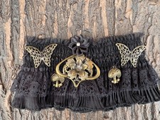 Beautiful Black Steampunk Leg Garter Butterflies Mushrooms  SMALL (34) B