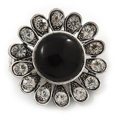 'Diva Blossom' Crystal and Ceramic Flower Ring (Silver Tone) - Adjustable size