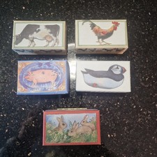 Five Matthew Rice Illustrated Small Cardboard Hinged Trinket Boxes Vintage