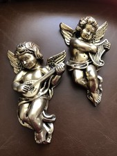 Vintage Gold Plaster Cherubs Playing Harp/Lute Wall Hanging Figurine/Plaque x 2