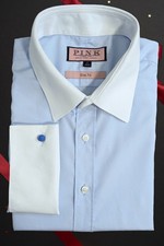 Thomas Pink 17”/43 Slim Fit Contrast Collar Shirt – White/Blue, French Cuff