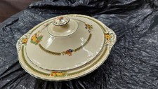 Vintage Myott Vegetable Serving Tureen with lid green detail orange flowers (b