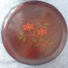 Japanese Brushed Lacquer Wood Serving Tray Vtg Obon Flowers Japan
