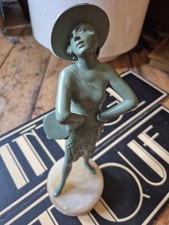 Old Antique Art Deco French Green Spelter Figure Lady Flapper Onyx Base 