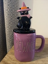 Rae Dunn Purple Halloween Mug "Beware" Witch Cat Topper Lid Magenta