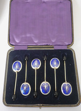 Birmingham Hallmarked Silver Gilt Set Of 6 Guilloche Enamel Coffee Bean Spoons