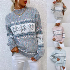 Ladies Chunky Knitted Christmas Snowflake Jumper Pullover XMAS Sweater Tops SIZE