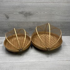 Set of 2 Bamboo Wicker Weave Baskets Mesh Cover Food Fruit Containers Home Decor