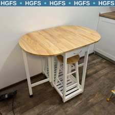 Compact Wooden Breakfast Bar Stools Set Drop Leaf Folding Kitchen Table Cart 3pc